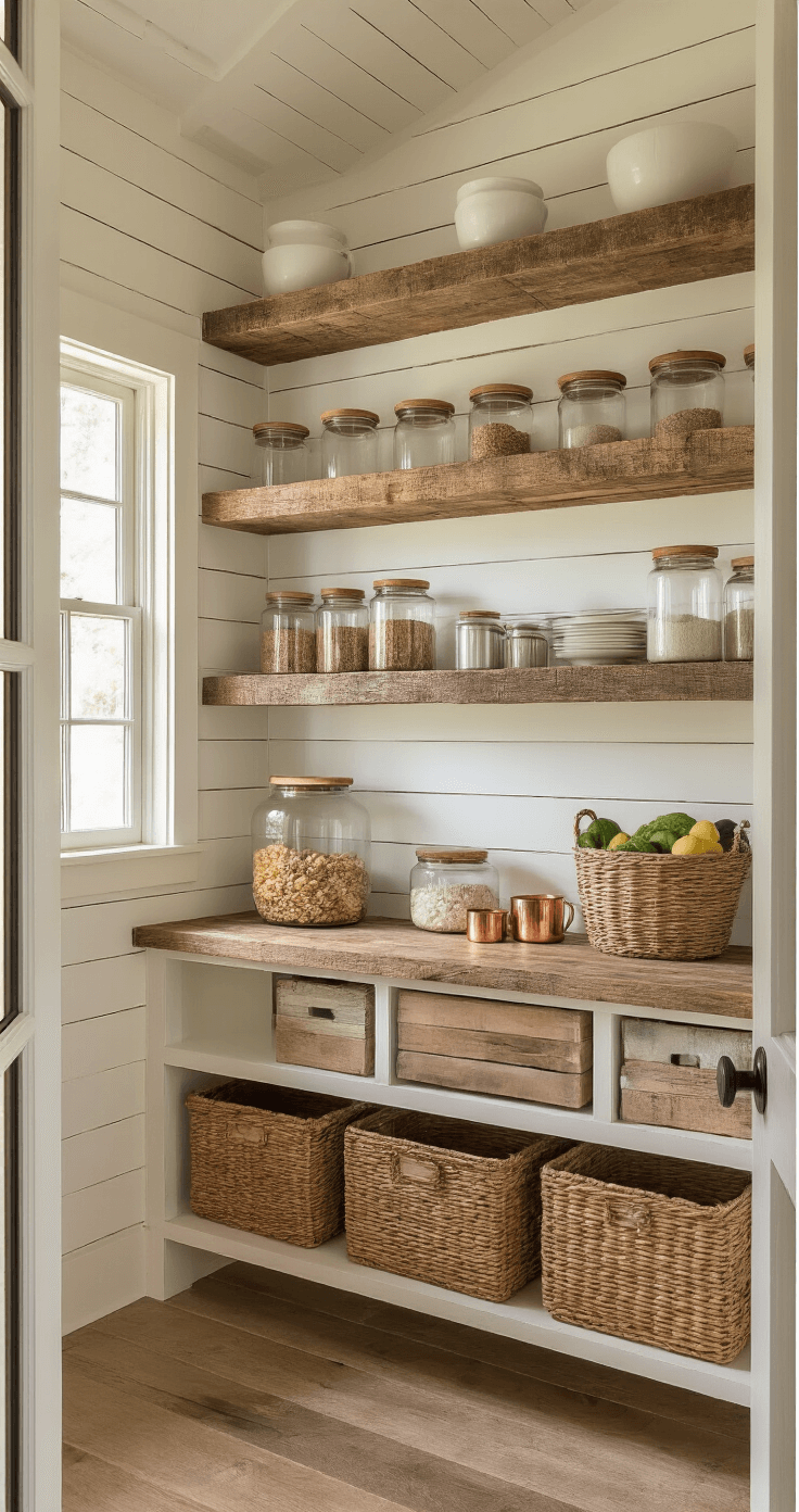 A sunlit walk-in pantry with reclaimed barnwood floating shelves, displaying glass canisters, vintage ceramics, and seagrass baskets filled with produce, against a backdrop of whitewashed shiplap walls.