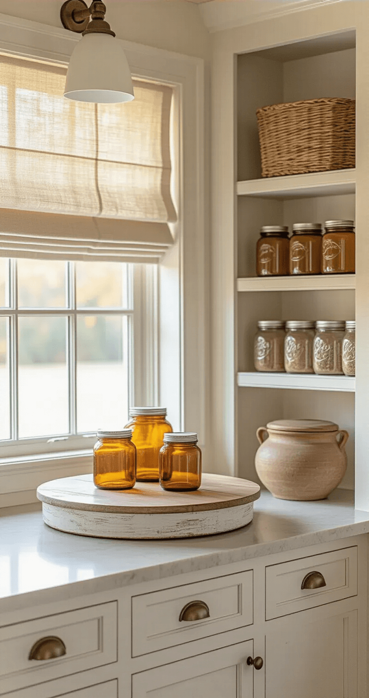 A cozy butler's pantry with custom cabinetry, featuring a weathered white wooden lazy susan adorned with amber glass honey jars and earthenware spice containers, illuminated by golden hour light. Overhead shelves display matching mason jars filled with dry goods, all captured at a 45-degree angle with a shallow depth of field.