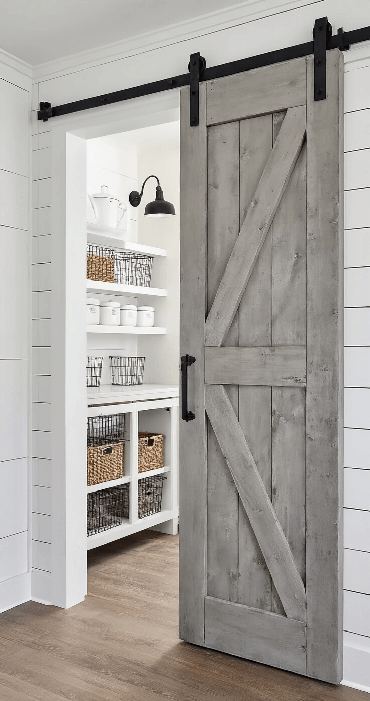 Dramatic weathered grey barn door partially open, revealing a neatly organized pantry with white shelving, vintage wire baskets, and enamelware, all highlighted by moody afternoon lighting and black iron hardware.