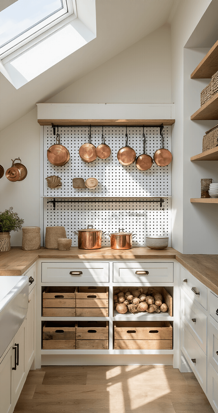Vertical storage pantry with a custom pegboard in vintage white, copper pots hanging from wrought iron hooks, and wooden crates for root vegetables, illuminated by morning light from a skylight.