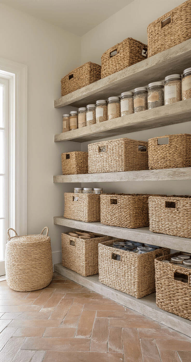 Cozy pantry nook featuring herringbone brick flooring and frosted glass door, showcasing an arrangement of seagrass, water hyacinth, and rattan baskets on distressed wooden shelves, filled with neutral-packaged pantry staples, captured in a low angle to highlight texture and earthy tones.