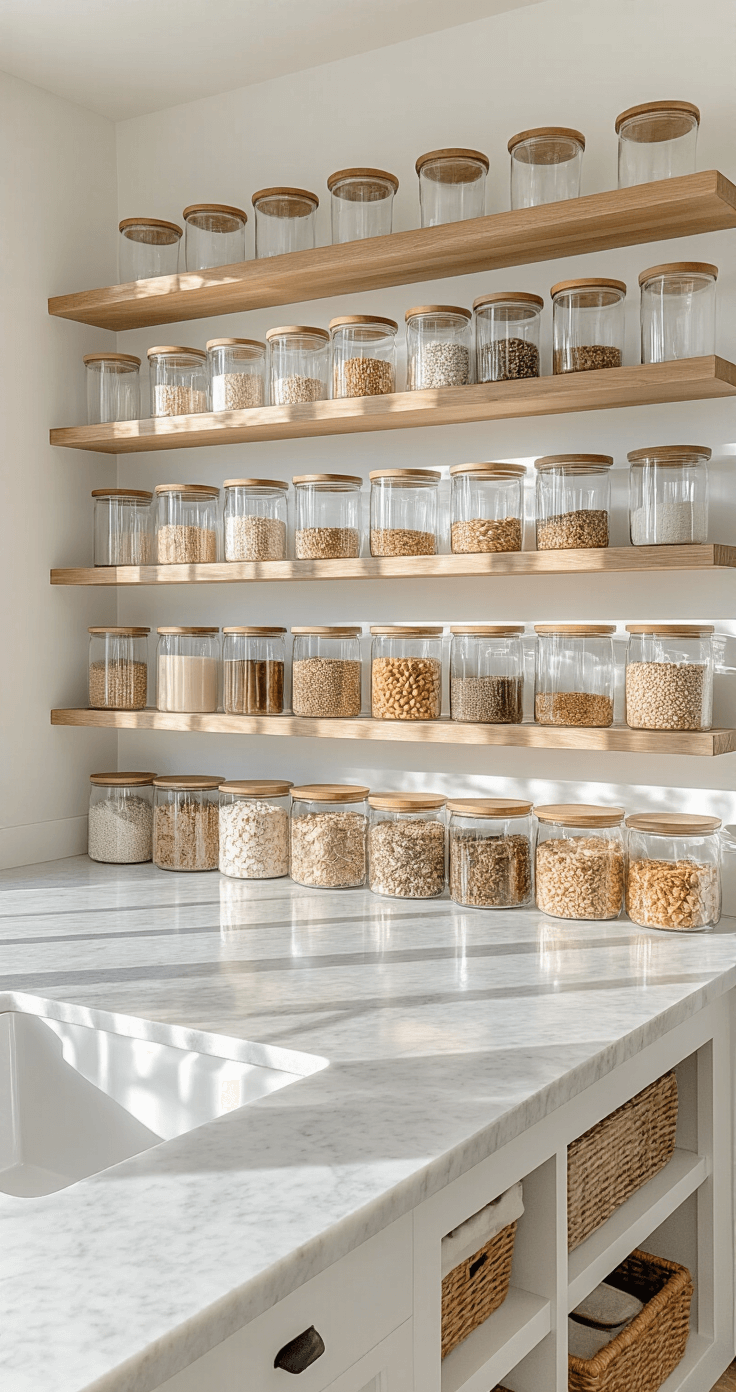 Bright pantry space featuring organized glass storage vessels with wooden lids on a marble countertop and white oak shelving, illuminated by morning sunlight creating prismatic effects, all presented in a clean modern-farmhouse aesthetic.