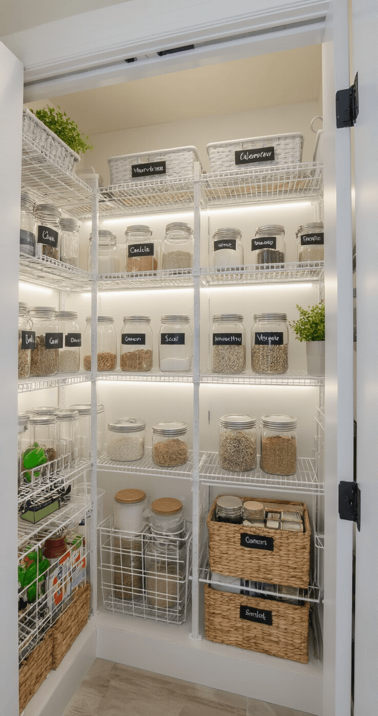 Compact converted closet pantry featuring vertical white metal wire shelving, clear acrylic containers, chalk-labeled mason jars, and door-mounted spice racks, illuminated by soft LED strip lighting, with a bright white palette and black organizational elements complemented by greenery accents.