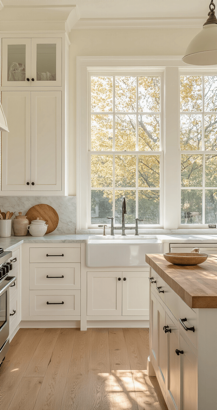 A sunlit farmhouse kitchen with white shaker cabinets, matte black hardware, and marble countertops, featuring a center island with butcher block and vintage ceramics, captured at eye level with warm natural and pendant lighting, creating a cozy and clean ambiance.
