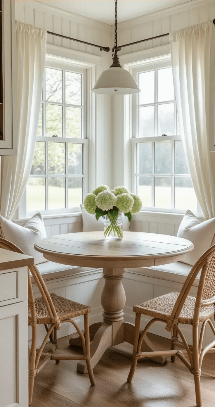 Corner breakfast nook in a farmhouse kitchen with built-in window seating, illuminated by soft morning light filtering through sheer linen curtains; features white beadboard walls, a rustic round oak pedestal table with fresh hydrangeas, and woven rattan chairs with cream cushions.