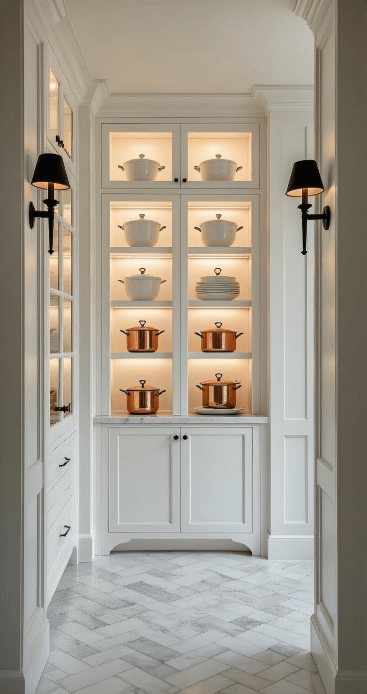 A sophisticated butler's pantry corridor featuring white floor-to-ceiling cabinets with glass fronts illuminated by LED lighting, open shelving displaying white ironstone and copper cookware, and a herringbone marble tile floor, accented by matte black sconces, captured with a shallow depth of field.