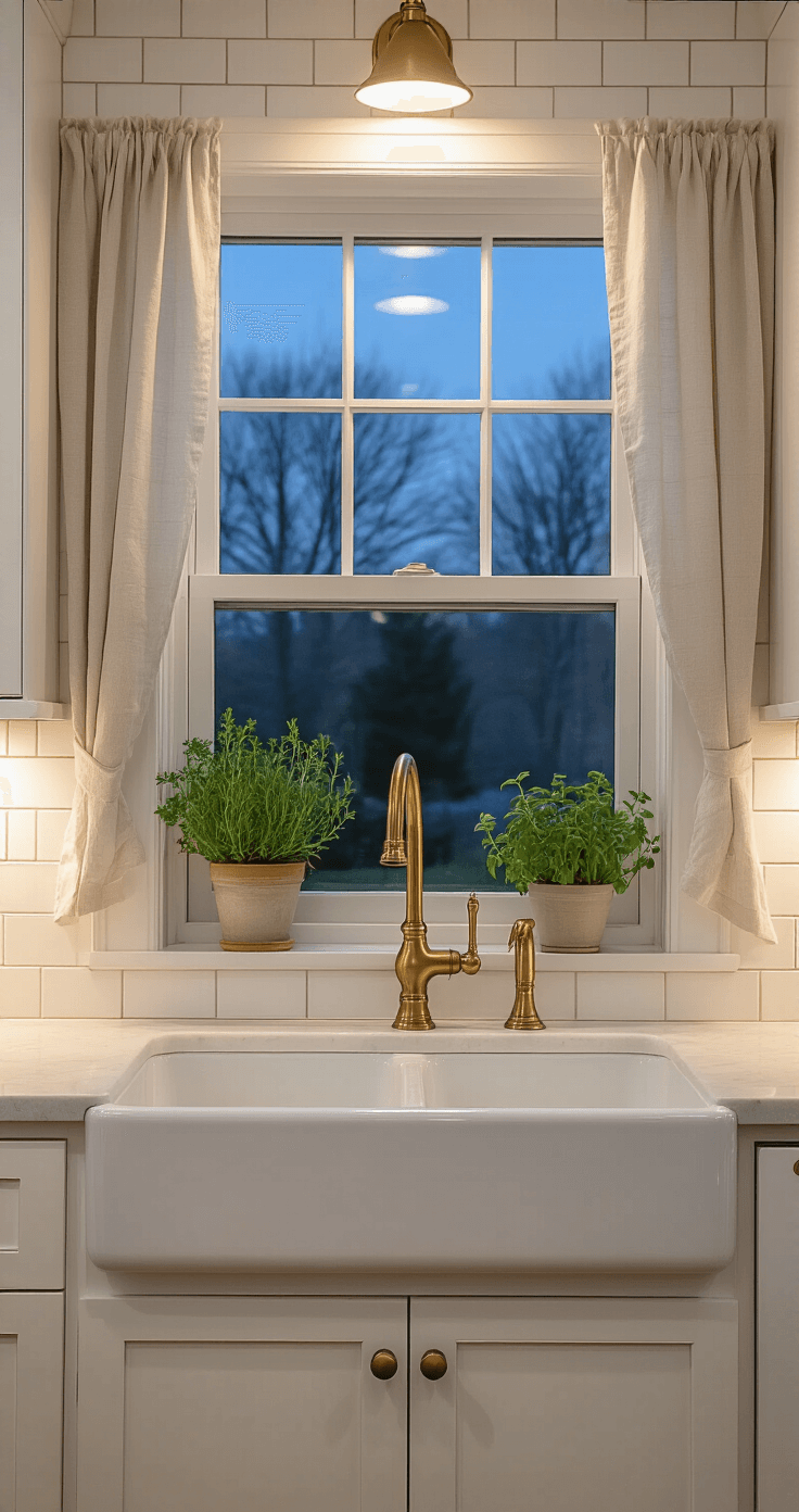A serene kitchen sink vignette at twilight featuring a white fireclay farmhouse sink with a brass gooseneck faucet, framed by a white subway tile backsplash that extends to the ceiling. The window adorned with natural linen cafe curtains allows mixed lighting, highlighting potted herbs on the windowsill. The angle emphasizes the vertical lines and the calm, practical mood of the space.