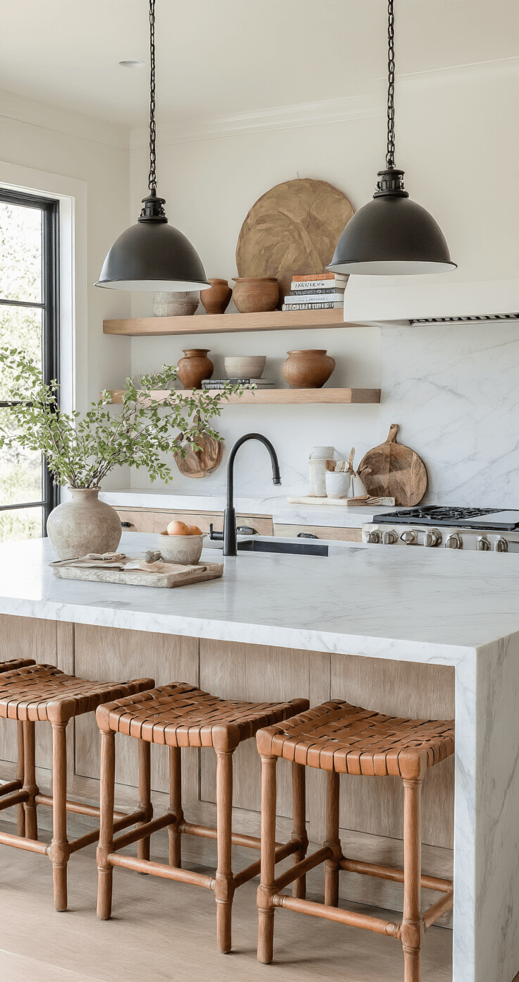 Open-concept kitchen workspace with a 6ft marble waterfall island, aged iron pendant lights, white oak open shelving holding artisanal pottery and cookbooks, woven leather barstools, and a warm mix of natural and artificial lighting, captured from overhead.