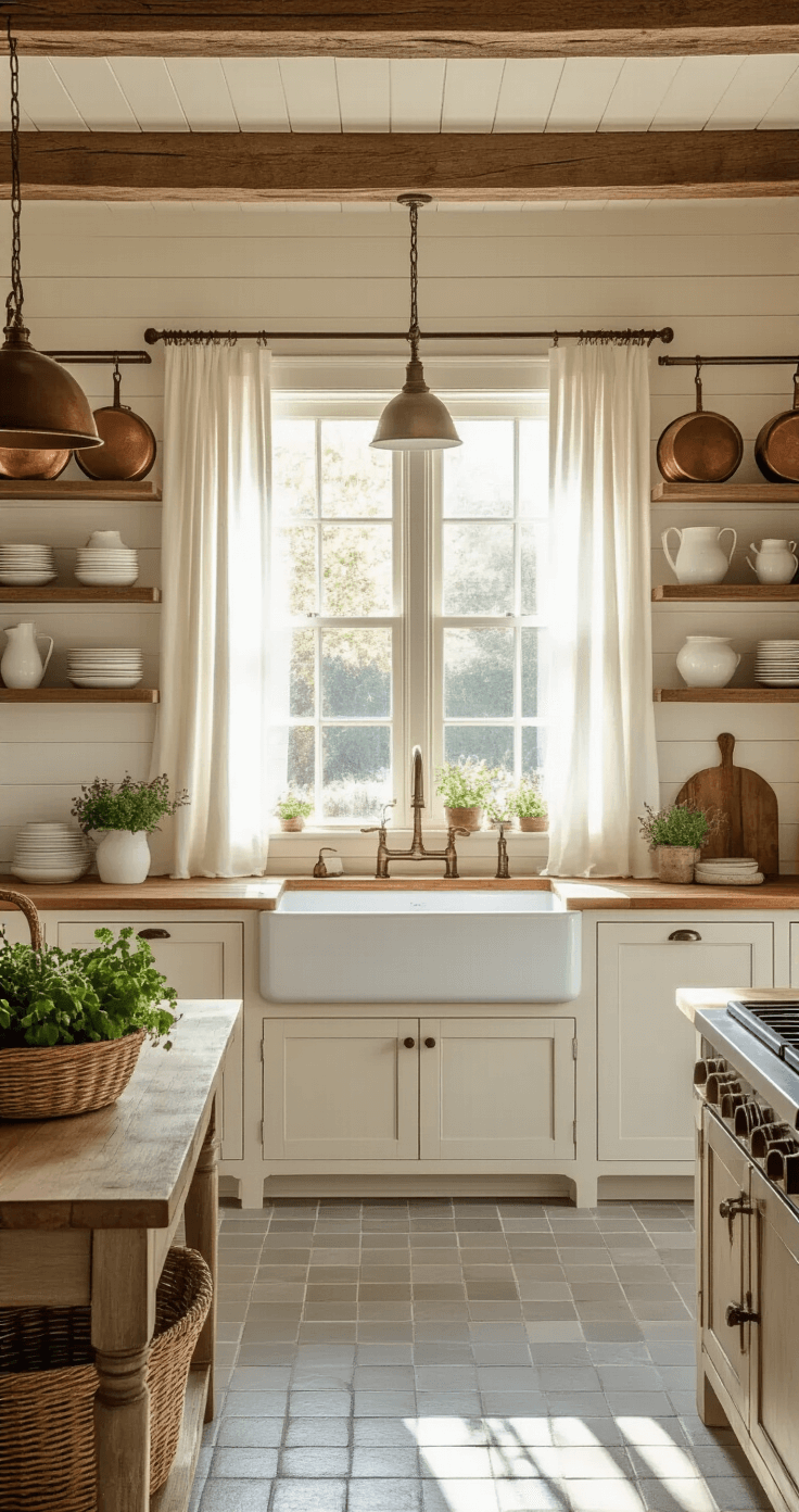 A sunlit farmhouse kitchen featuring a large white ceramic sink, vintage copper pots, creamy shiplap walls, and rustic wooden beams, with natural textures and a dreamy bokeh effect.