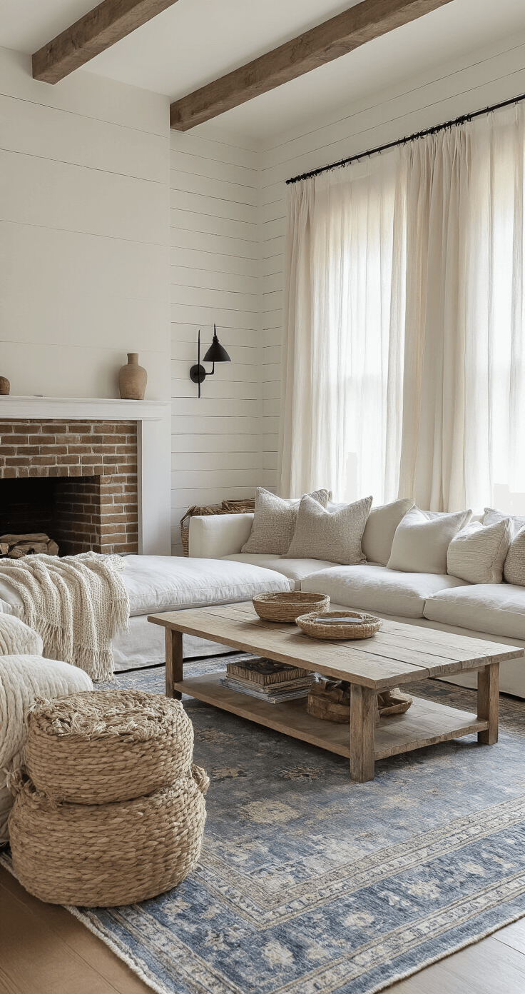 A wide-angle view of a cozy living room featuring an oversized cream linen sectional against a shiplap accent wall, with morning light filtering through gauzy curtains, a weathered oak coffee table on a vintage Turkish rug, and stacked firewood in a brick fireplace, complemented by black iron sconces and various textural elements like chunky knit throws and woven baskets.