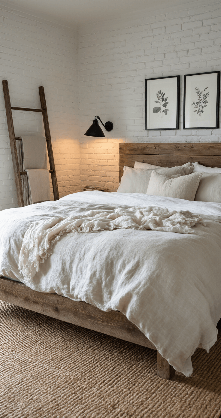 Intimate corner view of a farmhouse master bedroom at dusk, featuring a king-size bed with a reclaimed wooden headboard, rumpled linen bedding in ivory and flax, a vintage ladder for blanket display, an industrial black reading lamp, a jute rug, and asymmetrically arranged botanical prints, all enhanced by soft lighting.