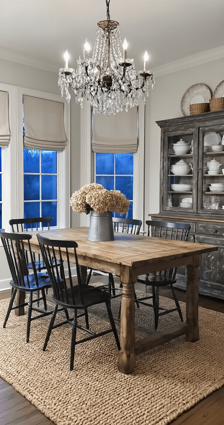 A cozy 15x15ft dining space at blue hour featuring a rustic pine harvest table, Windsor-style chairs, an antique buffet with ironstone dishes, a vintage crystal chandelier, and a jute rug, highlighted by dried hydrangeas in a galvanized pitcher, all captured from table height with a moody ambiance.