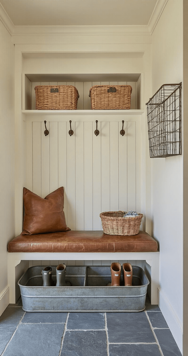 Mudroom vignette featuring a built-in shiplap storage unit with oil-rubbed bronze hooks, a vintage church pew with a worn leather cushion, a galvanized metal boot tray with wellies and market baskets, slate flooring, and wire basket wall storage for seasonal items, captured in natural morning light.