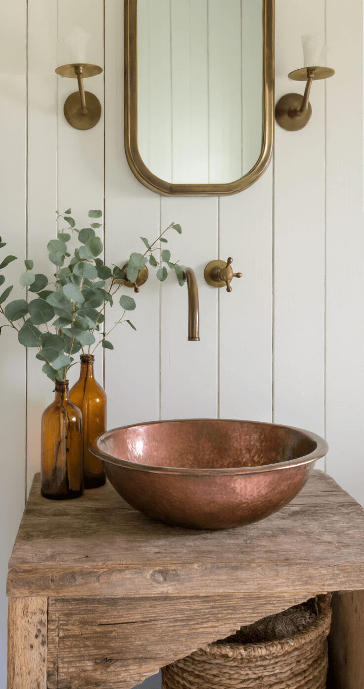 Detail shot of a vintage copper vessel sink on a reclaimed wood vanity, illuminated by soft afternoon light, with whitewashed board and batten walls, an antiqued brass mirror, wall-mounted faucet, and eucalyptus arrangements in amber glass bottles, captured at f/2.0 for depth of field.