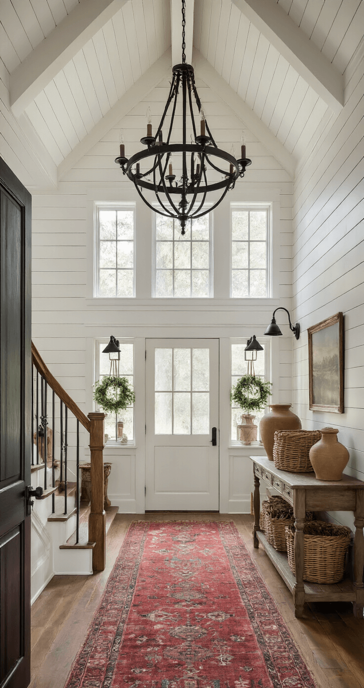 Farmhouse entryway at twilight featuring a double-height space with an oversized iron chandelier, an exposed wooden staircase, and a vintage runner leading to a white Dutch door, all illuminated by black lantern-style sconces against warm white shiplap walls.