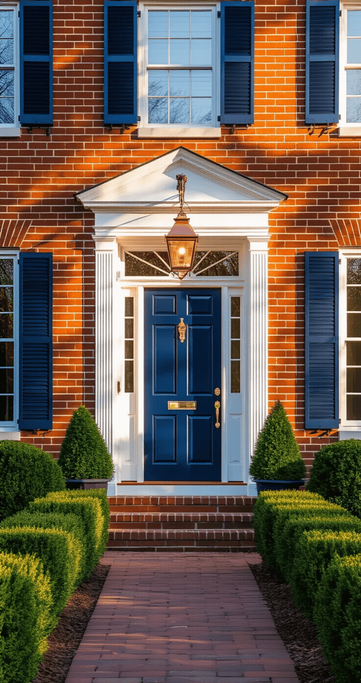 A classic red brick Colonial home with a high-gloss Hale Navy blue front door, flanked by mature boxwoods, under golden hour sunlight, showcasing polished brass hardware and a vintage copper lantern above.