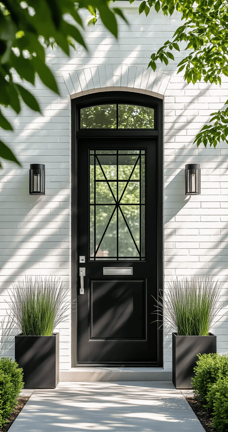 A close-up of a white-painted brick home exterior featuring a dramatic matte black front door with a geometric glass panel, framed by modern planters with structural grasses, under soft mid-morning light and playful shadows from nearby trees.