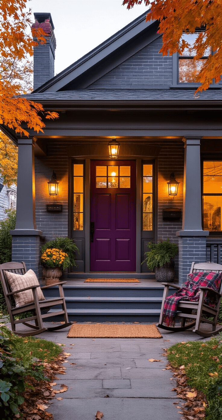 A dusk scene of a gray brick craftsman bungalow with a rich eggplant purple front door, illuminated by warm porch lights. Autumn foliage in amber and crimson surrounds the home, while rocking chairs with plaid throws on the porch add a cozy touch, all captured from a low angle emphasizing the front steps and door.