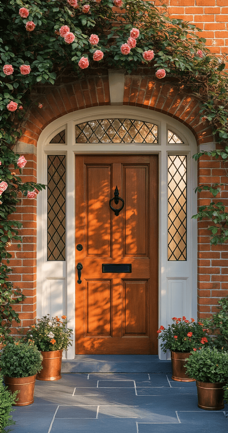 An intimate portrait of a Tudor entrance with an arched mahogany door, black iron hardware, and diamond-paned windows, surrounded by climbing roses and copper planters, bathed in soft morning light.
