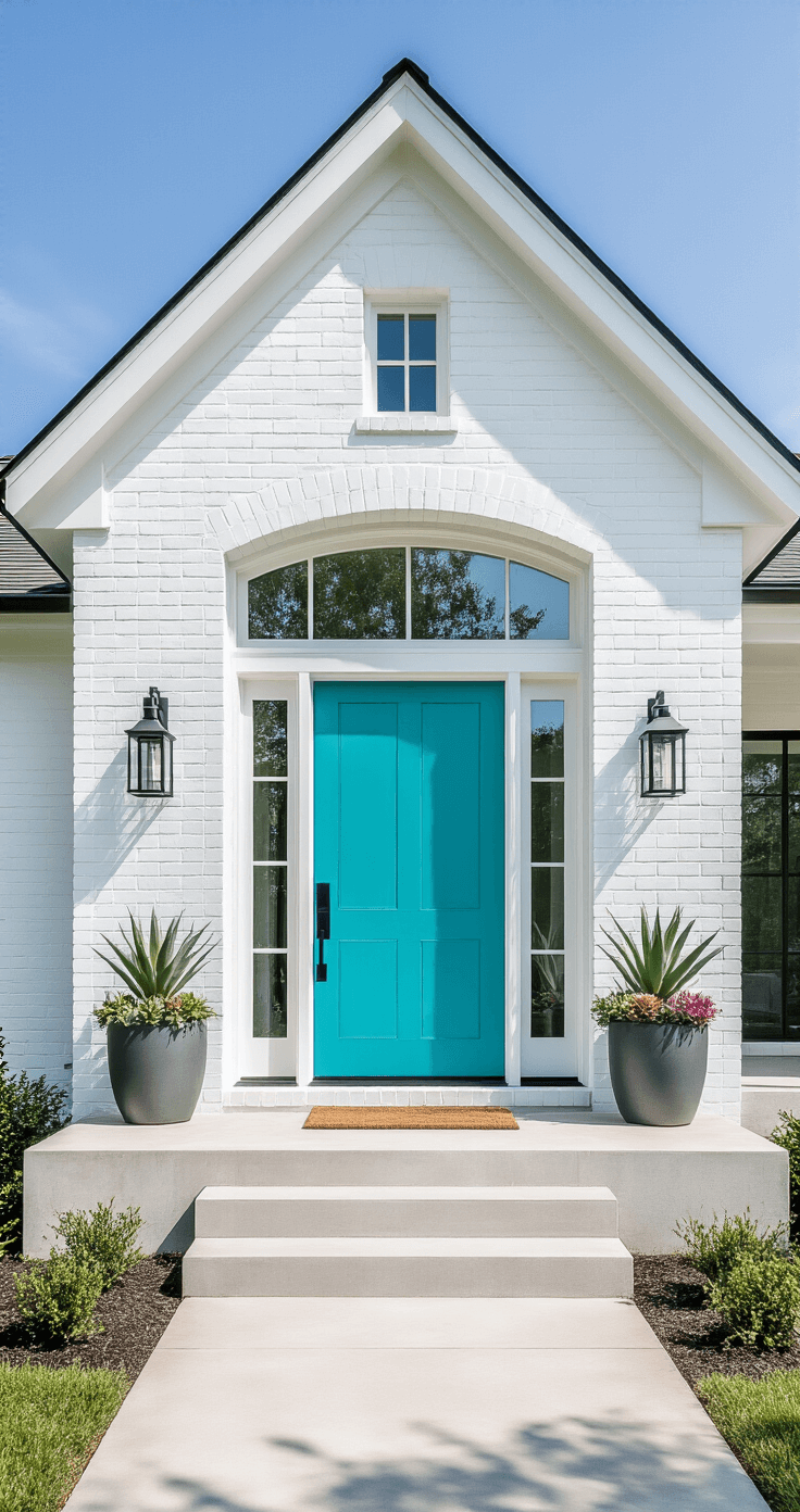 A modern white brick farmhouse with a vibrant turquoise front door and glass sidelights, surrounded by potted succulents, captured straight-on with a wide angle lens in bright midday light.