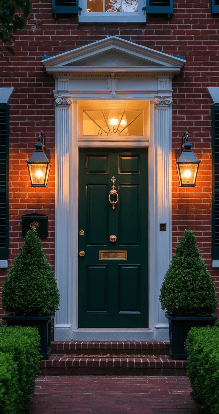 A red brick Georgian home with a deep forest green door and antique brass hardware, illuminated by warm gas lanterns, featuring boxwood topiaries and copper rain chains, captured in a moody evening setting.