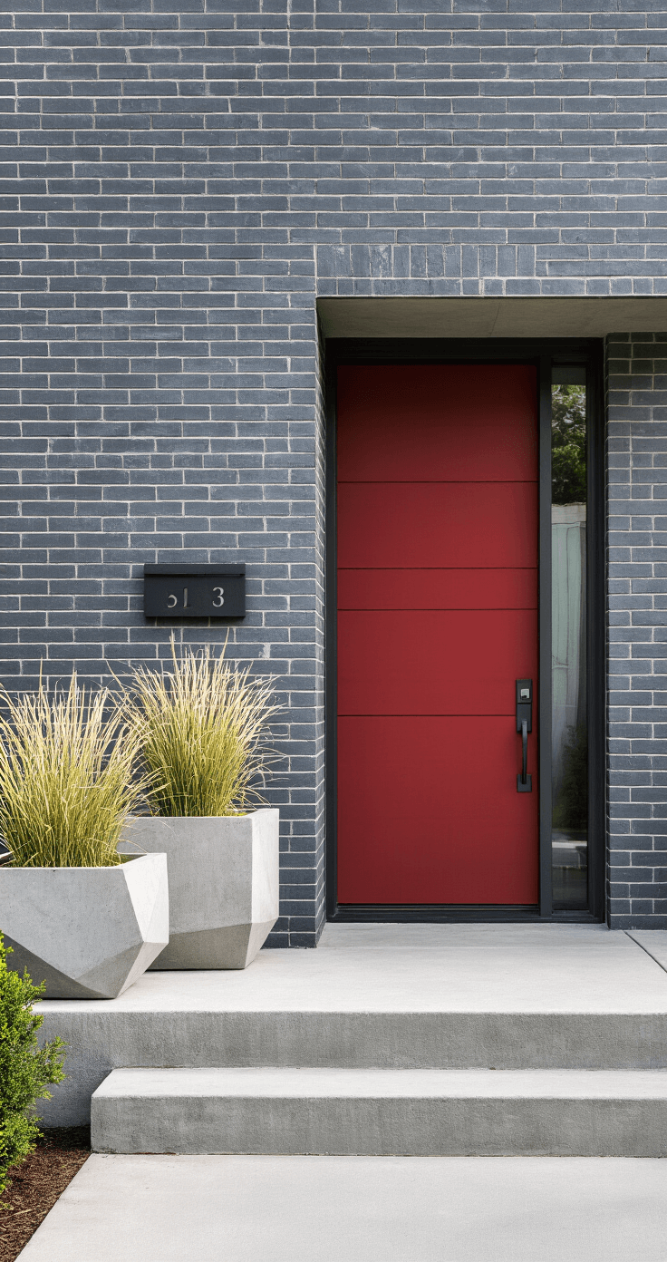 Artistic close-up of a gray brick contemporary home entrance featuring a bold cranberry red front door with modern handle pulls, geometric concrete planters with architectural grasses, and a floating address panel, showcasing clean lines and dramatic shadows in strong directional light.