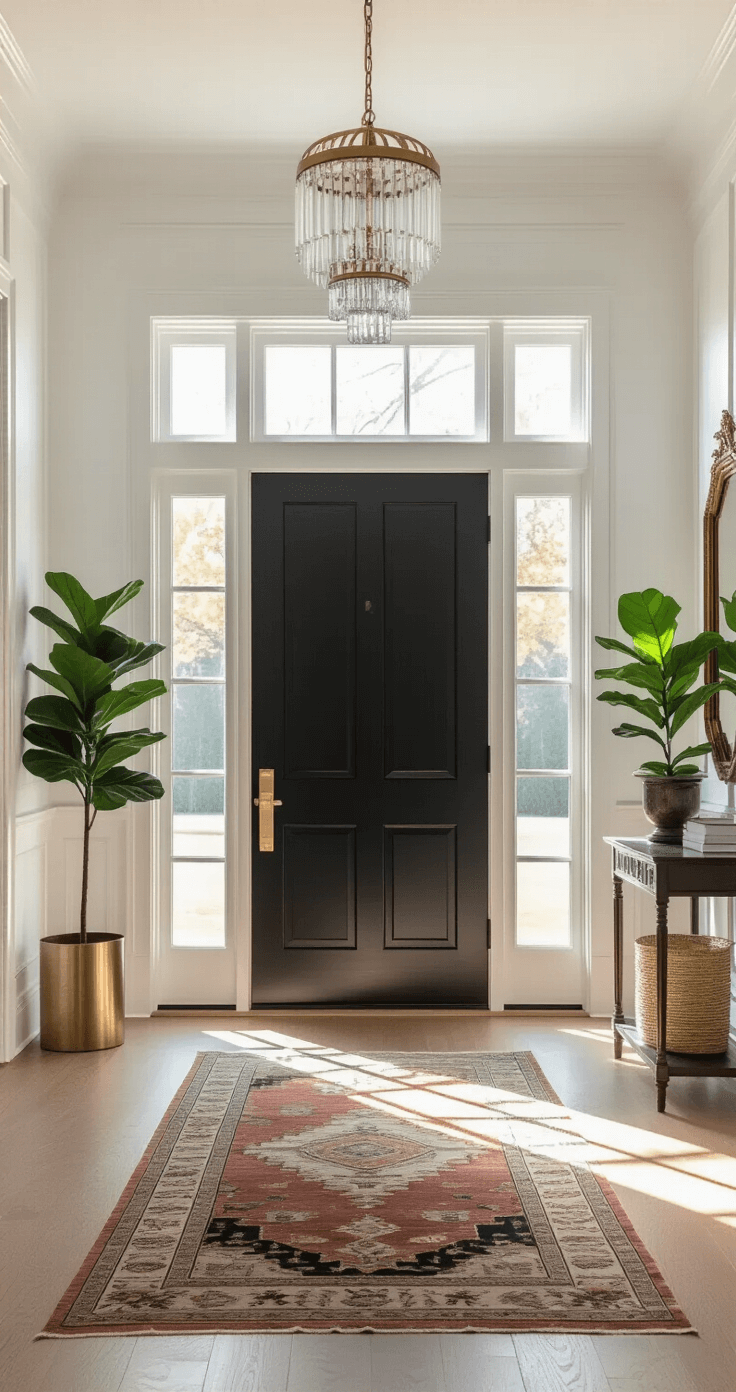 Interior entryway with a matte black front door, polished brass hardware, white paneled walls, vintage Persian runner on wide-plank white oak flooring, and a crystal pendant light, showcasing a sophisticated and timeless atmosphere.