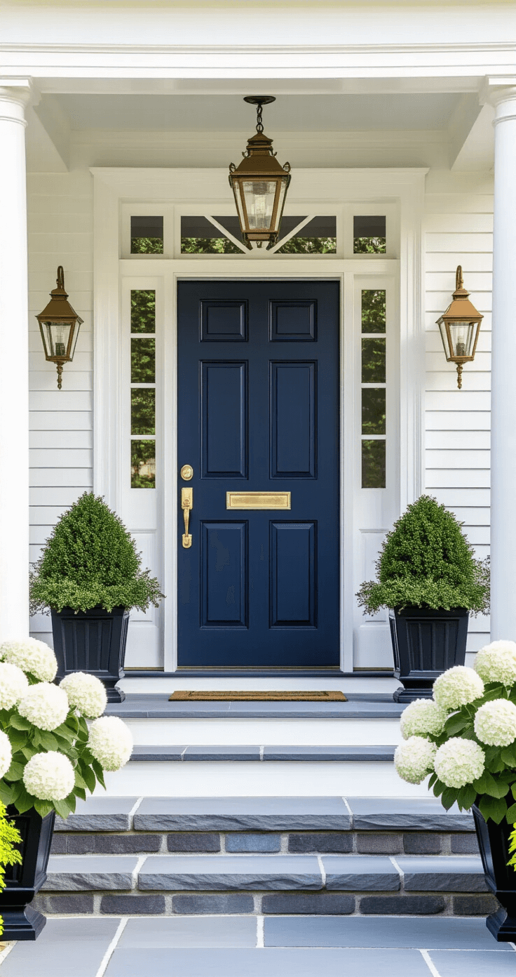 A Colonial home with a deep navy blue door surrounded by white clapboard siding, featuring brass lanterns, bluestone steps, and a classic portico, framed by black planters with boxwoods and blooming white hydrangeas, in soft morning light.