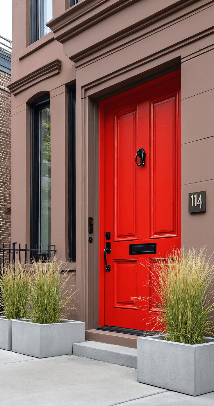 Close-up of a vibrant red door on a modern brownstone facade, featuring minimalist black hardware and brushed aluminum house numbers, surrounded by concrete planters with architectural grasses, captured in soft overcast light.