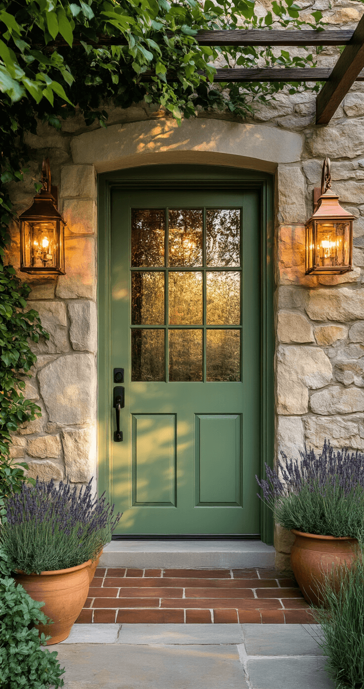Wide-angle view of a sage green door framed by a natural stone facade, illuminated by golden hour light, featuring copper lanterns with seeded glass, a natural oak threshold, climbing jasmine on copper trellises, and weathered terra cotta pots with lavender, captured from a ground-level perspective.