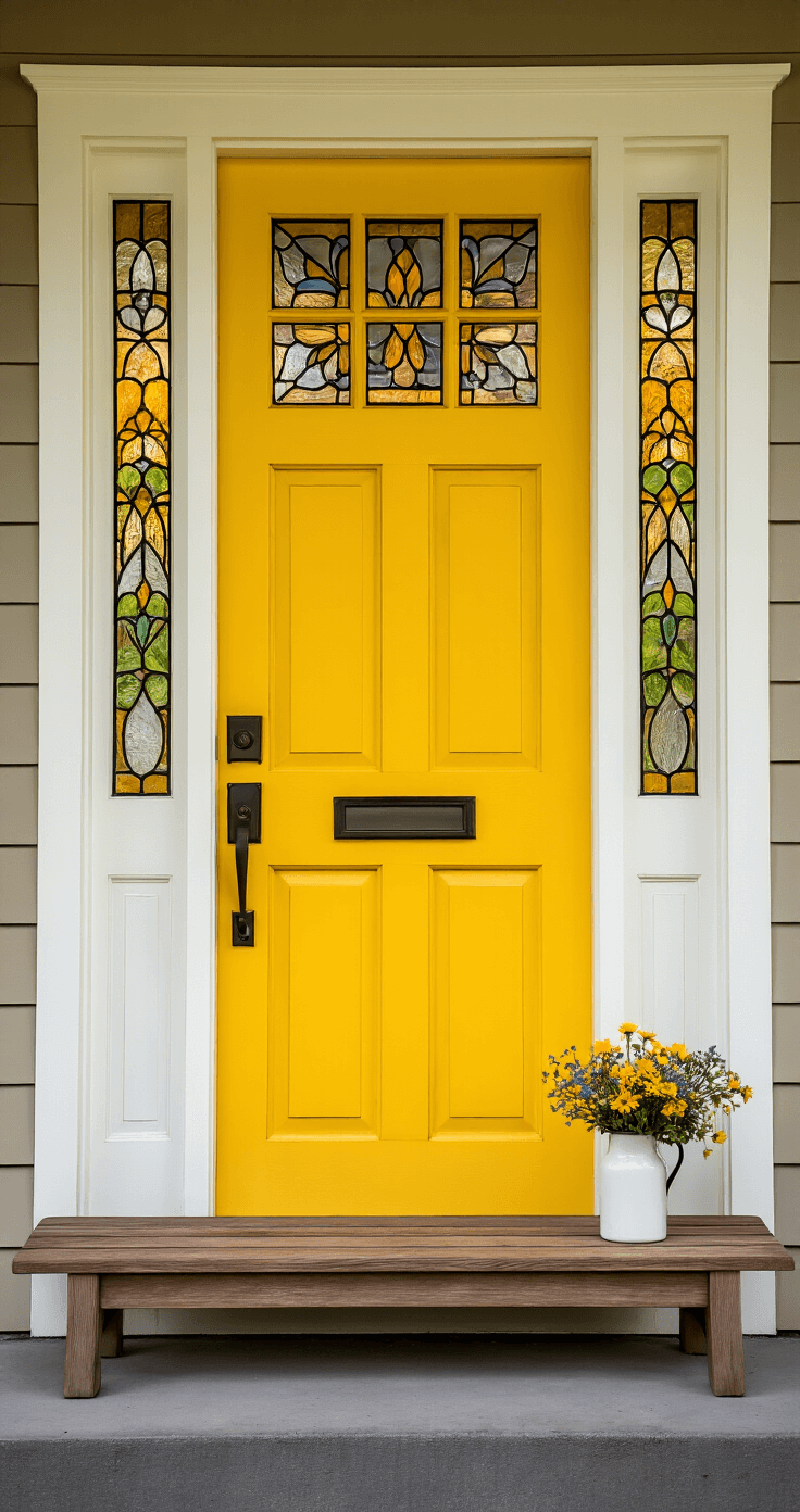 Straight-on view of a sunshine yellow craftsman-style door framed with white trim, featuring stained glass sidelights and oil-rubbed bronze hardware, complemented by a vintage milk bottle of wildflowers on a natural wood bench, all illuminated by mid-morning light.