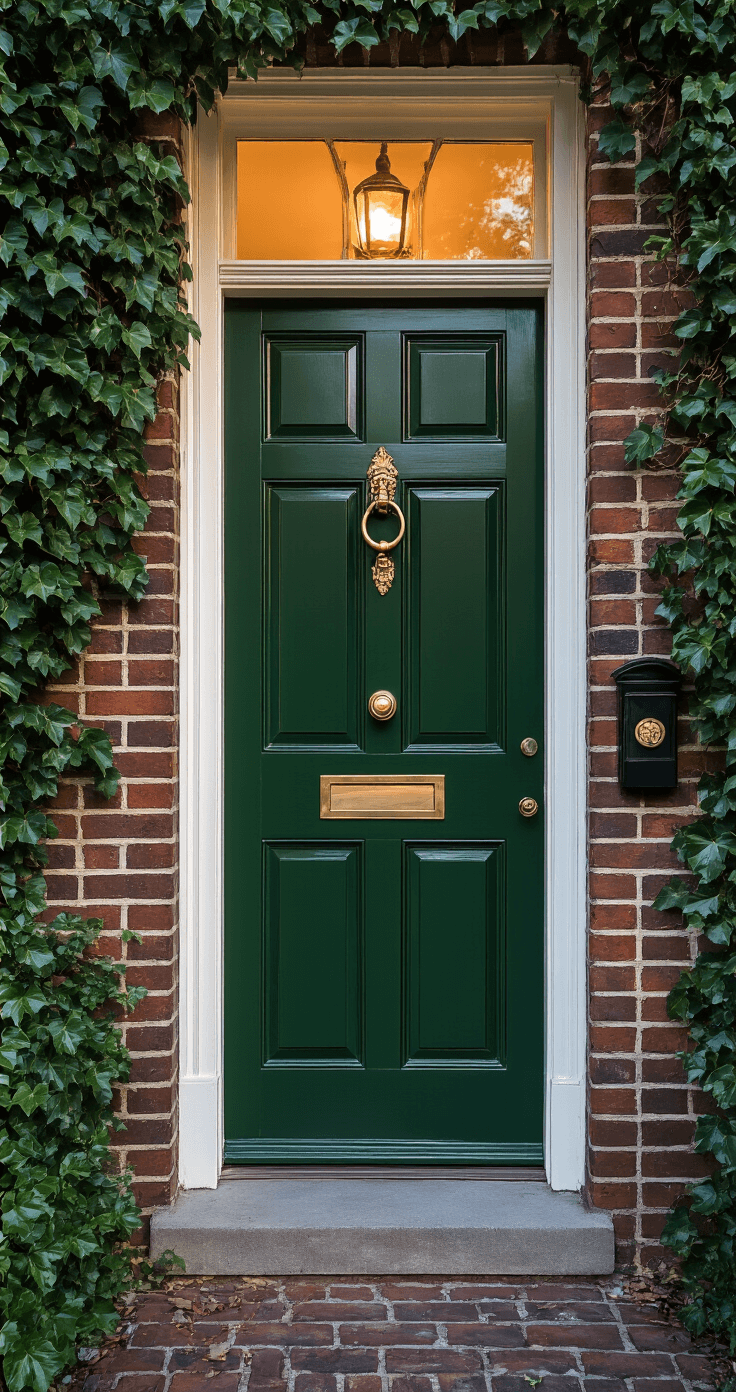 Detail shot of a classic hunter green door with gloss finish, highlighting intricate panel work and an antique brass knocker. The door is framed by ivy-covered brick and bathed in indirect evening light, showcasing subtle highlights and the natural patina of the brass.