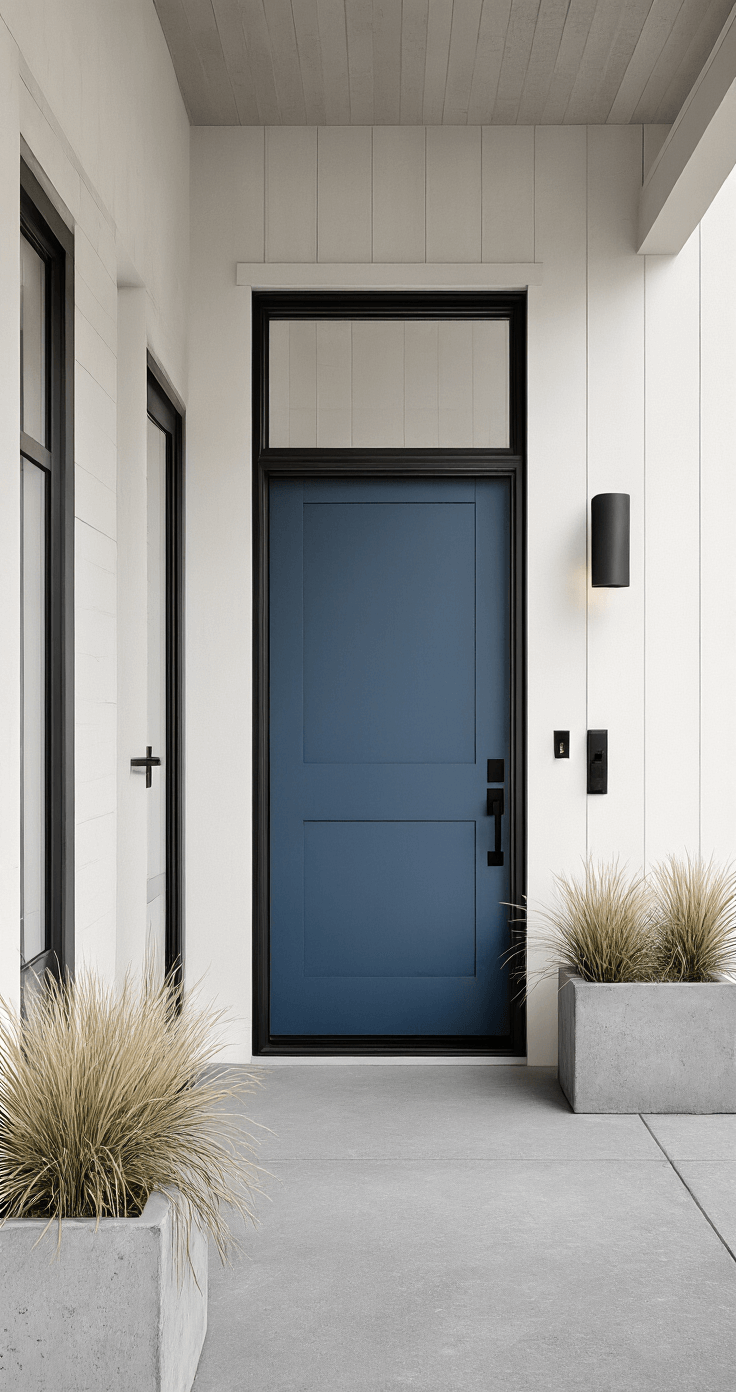 A contemporary modern farmhouse scene showcasing a steel blue door with matte black hardware and a full-height glass panel, framed asymmetrically. Surrounding concrete planters with ornamental grasses add texture, all under diffused overcast light, creating a warm yet modern atmosphere.