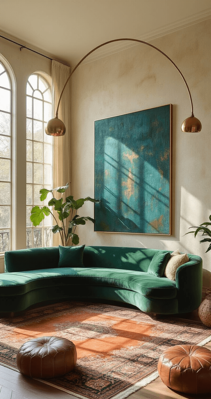 A spacious living room featuring a curvy emerald green velvet sofa, an oversized abstract canvas on a textured ivory wall, and dramatic sunlight streaming through floor-to-ceiling windows, with layered Persian rugs and a sculptural brass floor lamp.