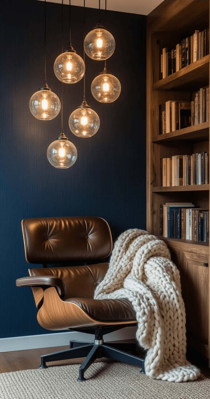 An intimate reading nook featuring a vintage leather Eames chair beside a reclaimed wood bookshelf, draped with an ivory chunky knit throw, illuminated by handblown glass pendant lights against deep navy grasscloth wallpaper, captured at dusk with a shallow depth of field.