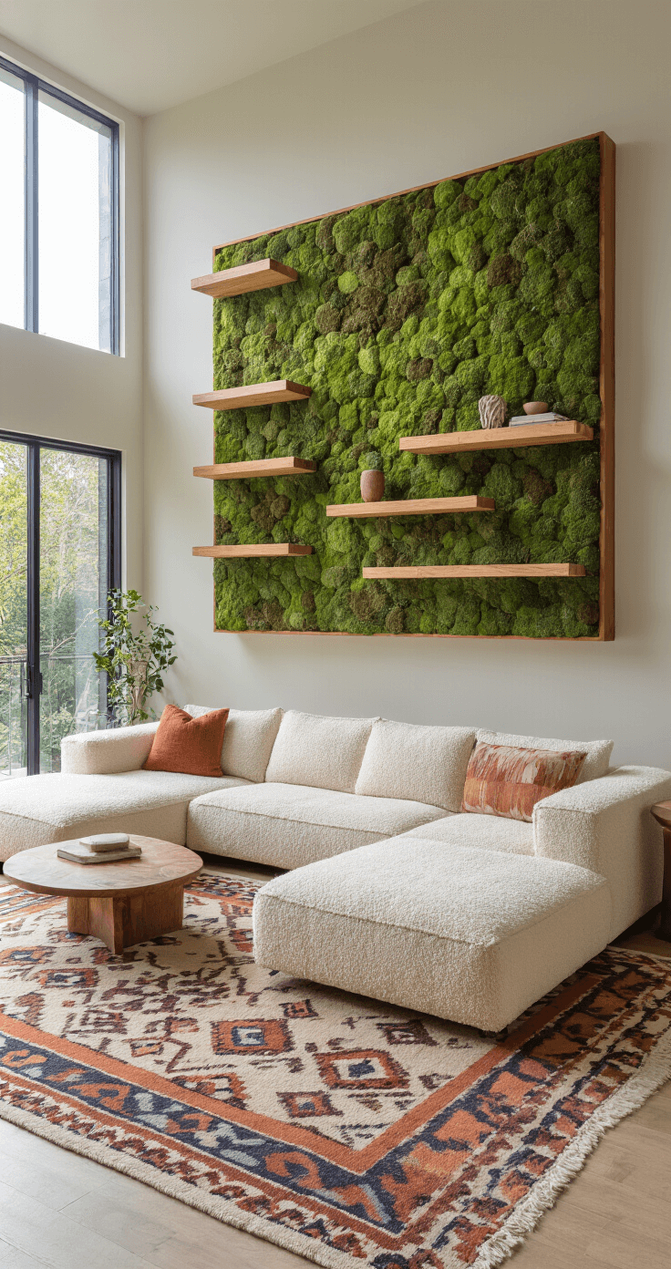 A sunlit contemporary living space featuring a modular cream bouclé sectional on a geometric-patterned rug, with a dramatic biophilic wall installation of preserved moss and wooden shelves, captured from an elevated position.