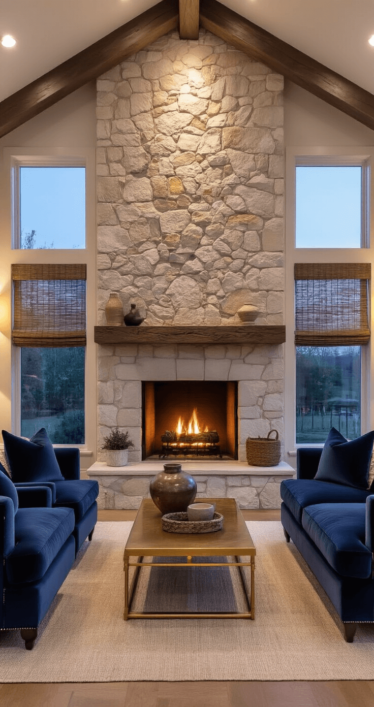 Cozy transitional living room at twilight with oversized stone fireplace, deep navy velvet armchairs, antique brass coffee table, and artisanal ceramics. Woven grass window shades soften the evening light, creating an inviting atmosphere for intimate conversations.