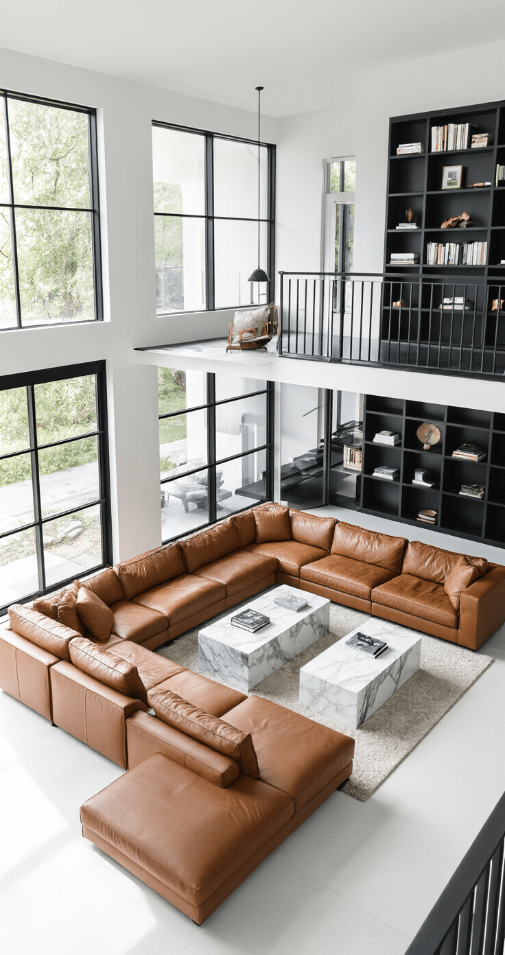 Aerial view of a modern open concept space featuring minimalist white walls and black steel-framed windows, showcasing a cognac brown Italian leather sectional, sculptural marble coffee tables, and a striking floor-to-ceiling matte black steel bookshelf, all illuminated by bright natural light.