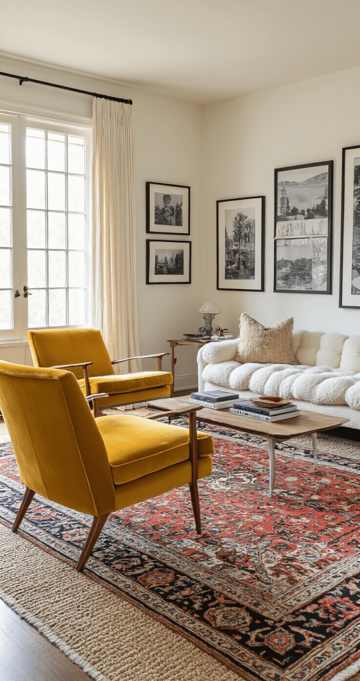 A cozy living room adorned with a vintage Persian rug over sisal, mid-century mustard yellow velvet chairs, and a contemporary ivory bouclé cloud sofa, bathed in warm morning light, with a gallery wall of black and white photography.