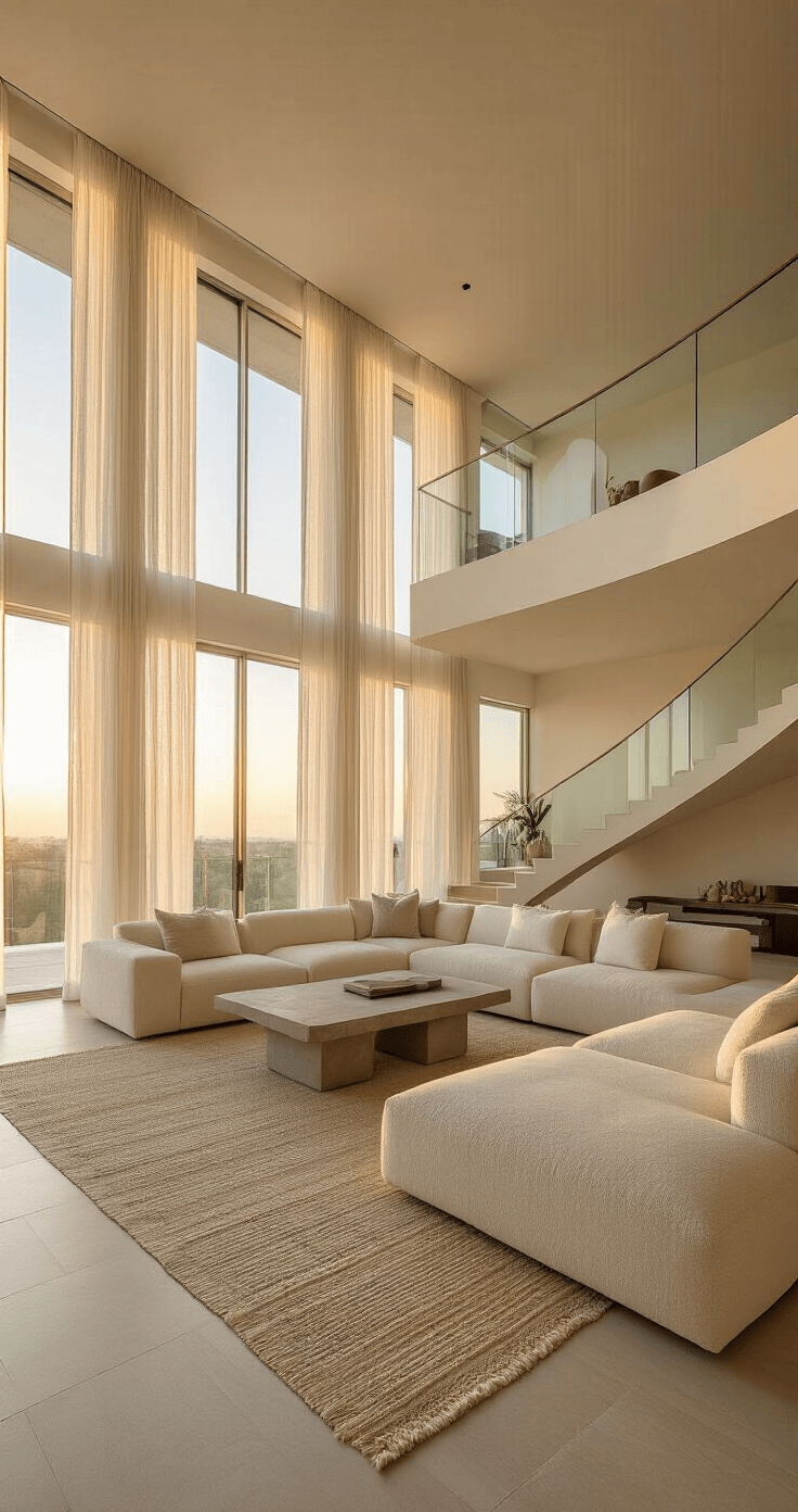 A luxurious great room featuring double-height windows with sheer linen panels, a curved cream bouclé sectional, and a brutalist concrete coffee table, viewed from a mezzanine level during sunset with natural golden hour light illuminating the space and a floating staircase with glass balustrade in the background.