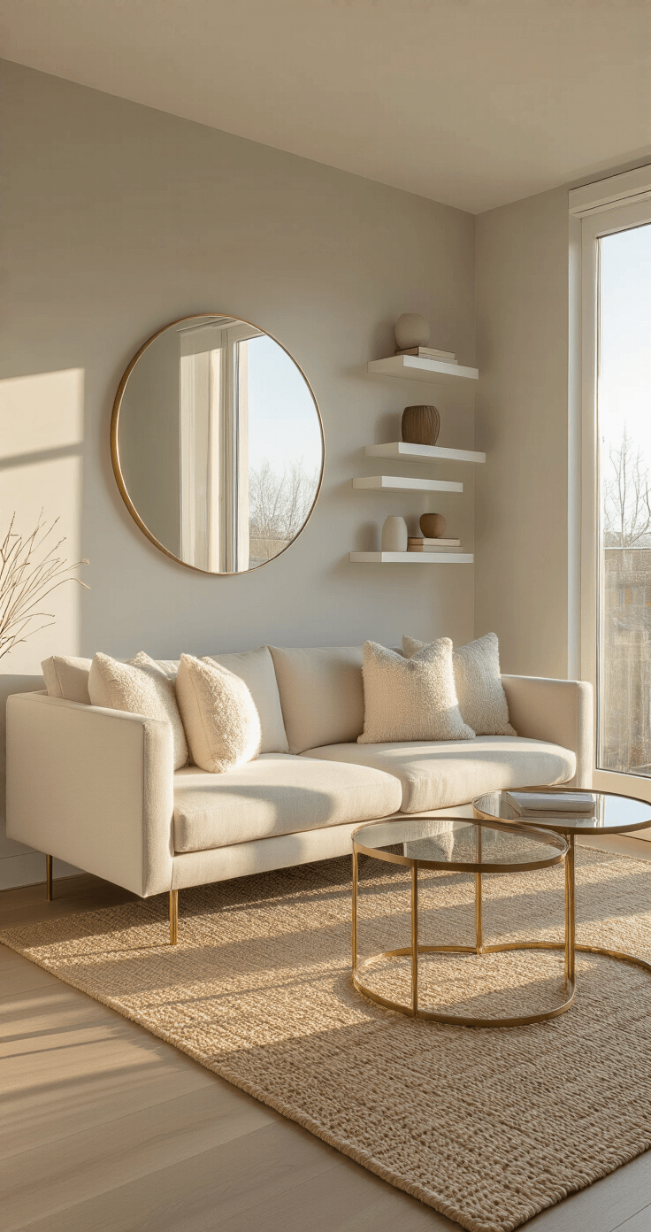 A contemporary living room featuring a cream-colored loveseat with brass legs, glass and brushed gold nesting tables, and a large round mirror, illuminated by warm late afternoon sunlight through floor-to-ceiling windows. Geometric floating shelves decorate the pale grey wall, while ivory bouclé throw pillows and a jute rug add texture to the modern minimalist space. Small Living Room Designs