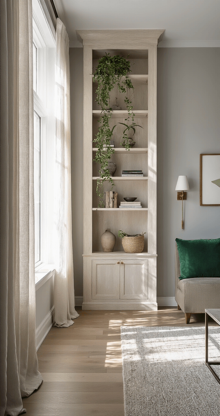 A low-angle view of a sunlit living space featuring a tall white oak bookcase, trailing plants, and warm wood accents, with dramatic shadows from sheer linen curtains and brass sconces, highlighting the 9ft ceilings and cool grey walls.