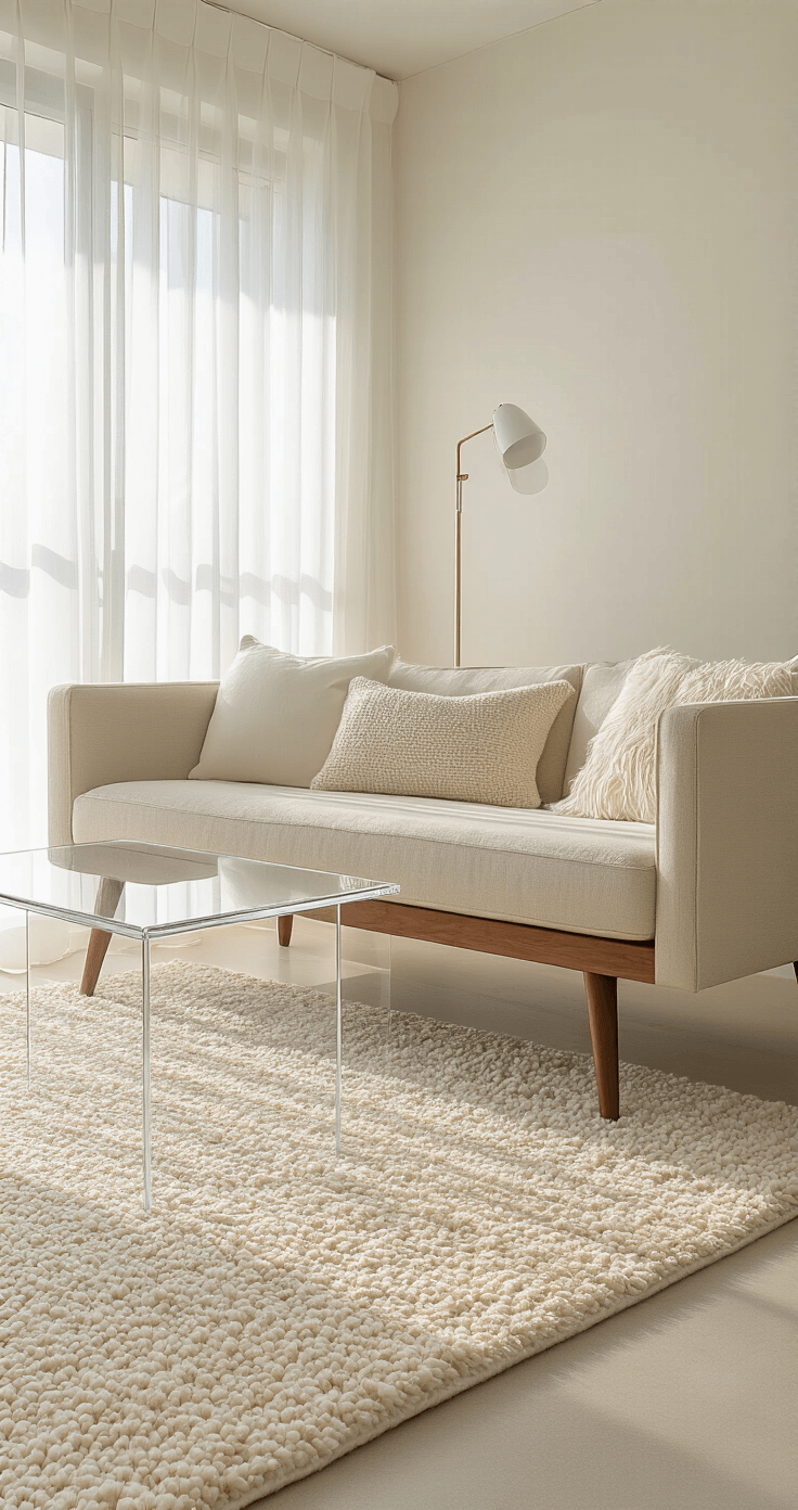 Intimate living area featuring a mid-century modern loveseat with walnut legs floating above a cream Moroccan rug, accompanied by clear acrylic side tables and a glass lamp, all bathed in soft morning light.