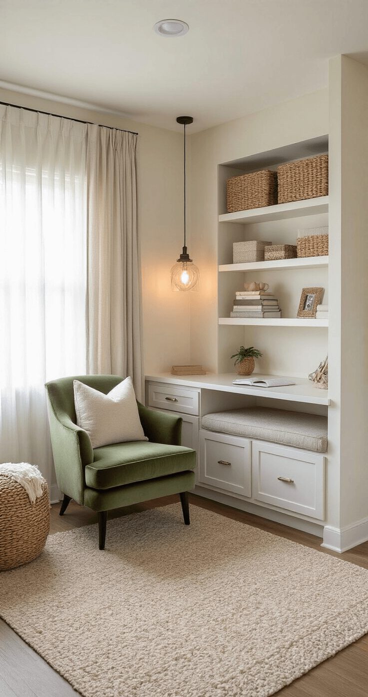 A corner view of a 13x15ft multifunctional space featuring a wall-mounted desk with built-in shelving, a sage green velvet armchair in a reading nook, and soft ambient lighting during golden hour, highlighting textural layers of woven baskets, linen curtains, and wool throws.