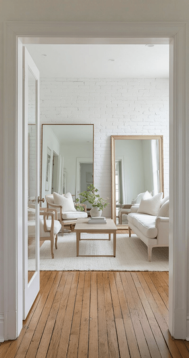 Bright, airy room with white-painted brick walls and original hardwood floors, featuring multiple mirrors reflecting light. Slim light oak furniture with ivory upholstery creates an open feel, enhanced by natural morning light and soft fill. Coastal minimal styling with white-on-white textures.