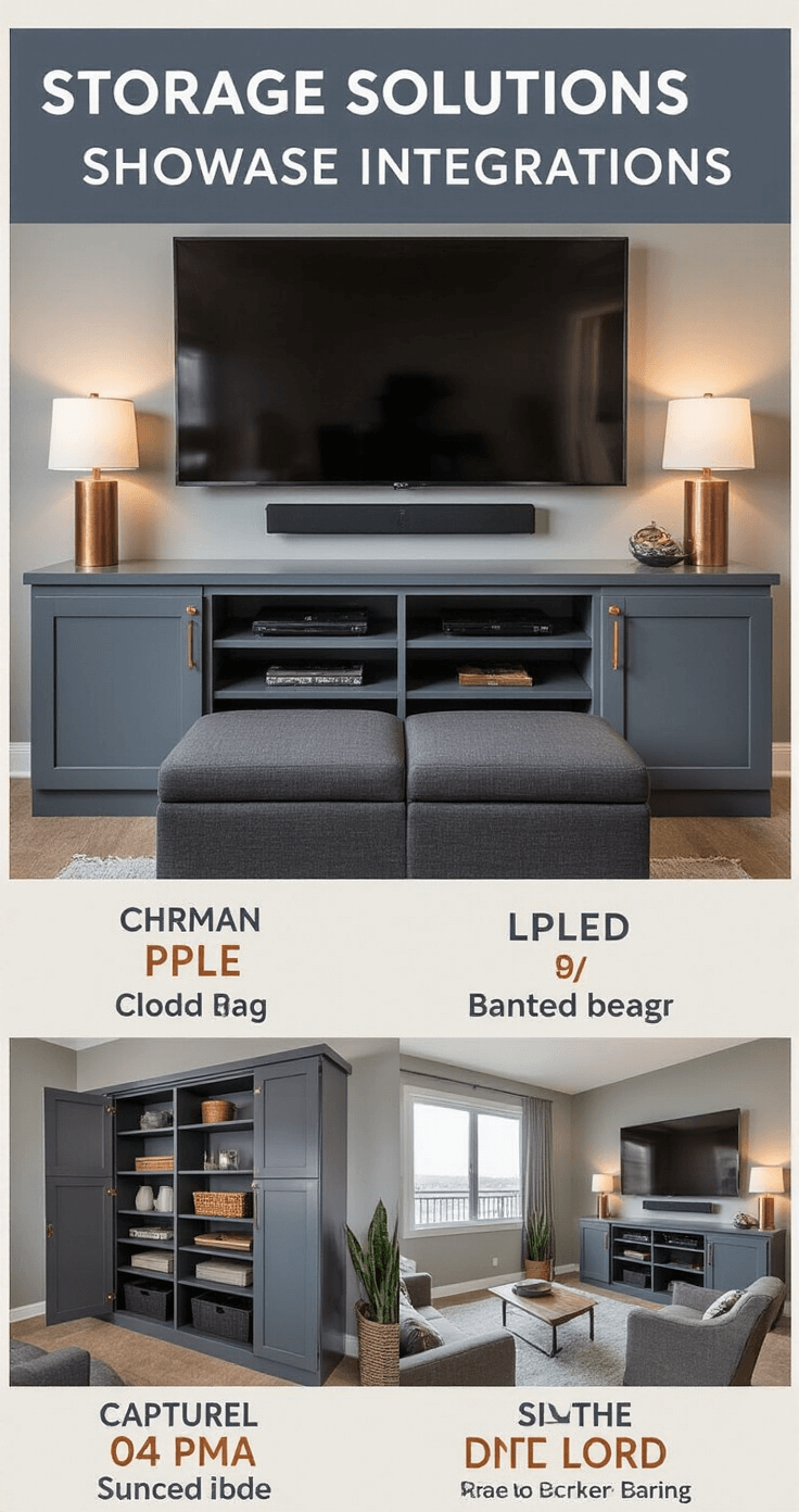 Modern 10x14ft living space showcasing clever storage solutions, featuring a charcoal linen ottoman with hidden compartment, a floating media console under a mounted TV, ambient LED lighting, and a cool grey and navy palette with copper accents.