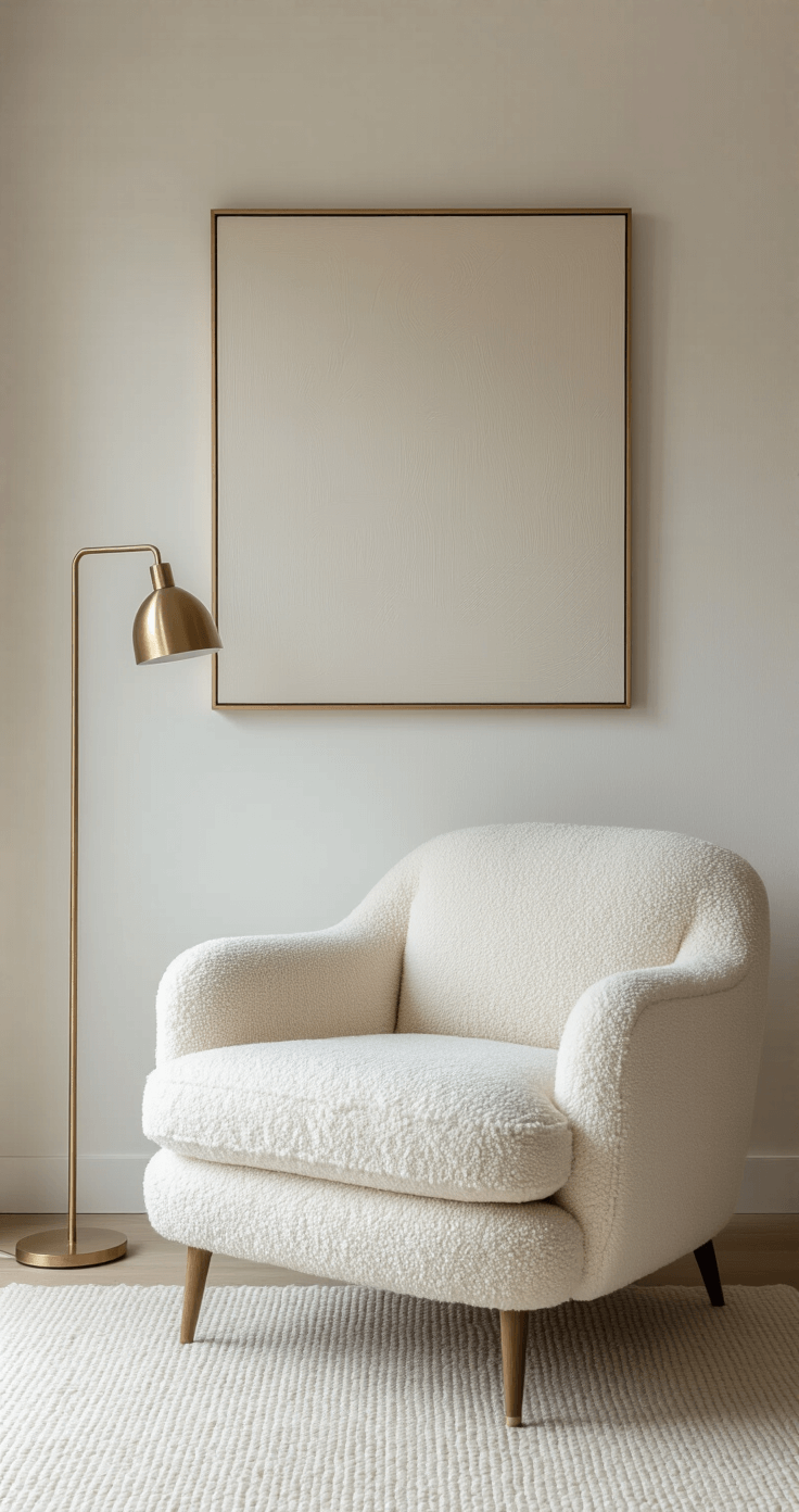A serene 11x13ft interior space featuring an oatmeal bouclé armchair, an oversized art piece, and a minimal brass floor lamp, all illuminated by diffused northern light. The textural white walls and monochromatic palette enhance the calm sophistication of the vignette.