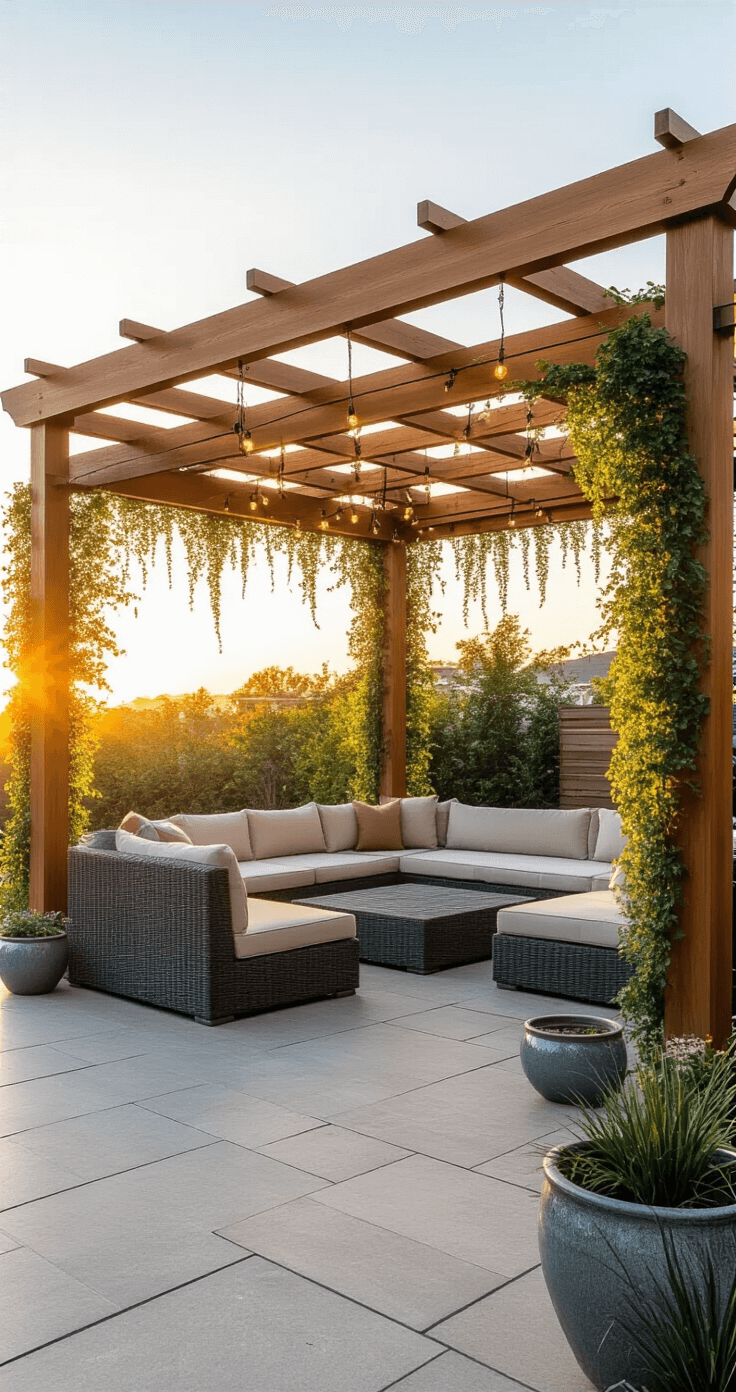A modern patio space featuring a cedar wood pergola adorned with string lights and climbing jasmine, set against a warm sunset backdrop. The area includes a charcoal gray sectional with cream cushions, natural stone flooring, and ceramic planters, all captured with a subtle depth of field effect.