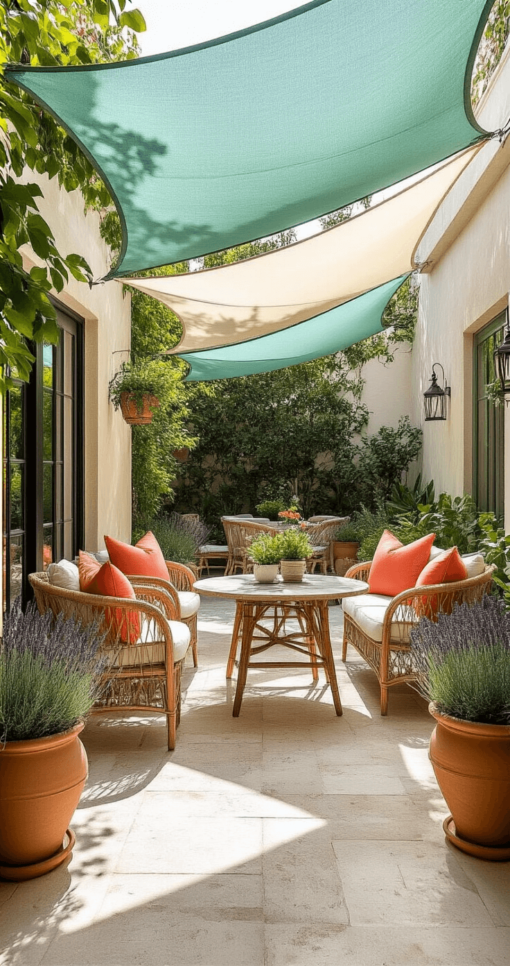Intimate courtyard patio featuring seafoam green and white triangle shade sails casting geometric shadows on light travertine pavers, with a rattan bistro set and coral throw pillows, framed by terracotta pots of lavender plants.