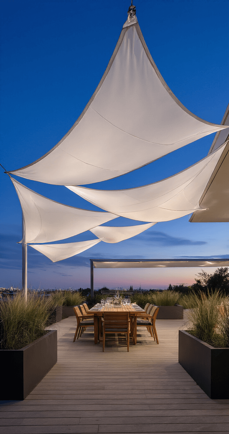 Aerial view of a spacious deck at blue hour, showcasing a white fabric canopy with elegant curves, a modern teak dining set set for dinner, integrated LED uplighting, and minimalist metal planters with ornamental grasses.